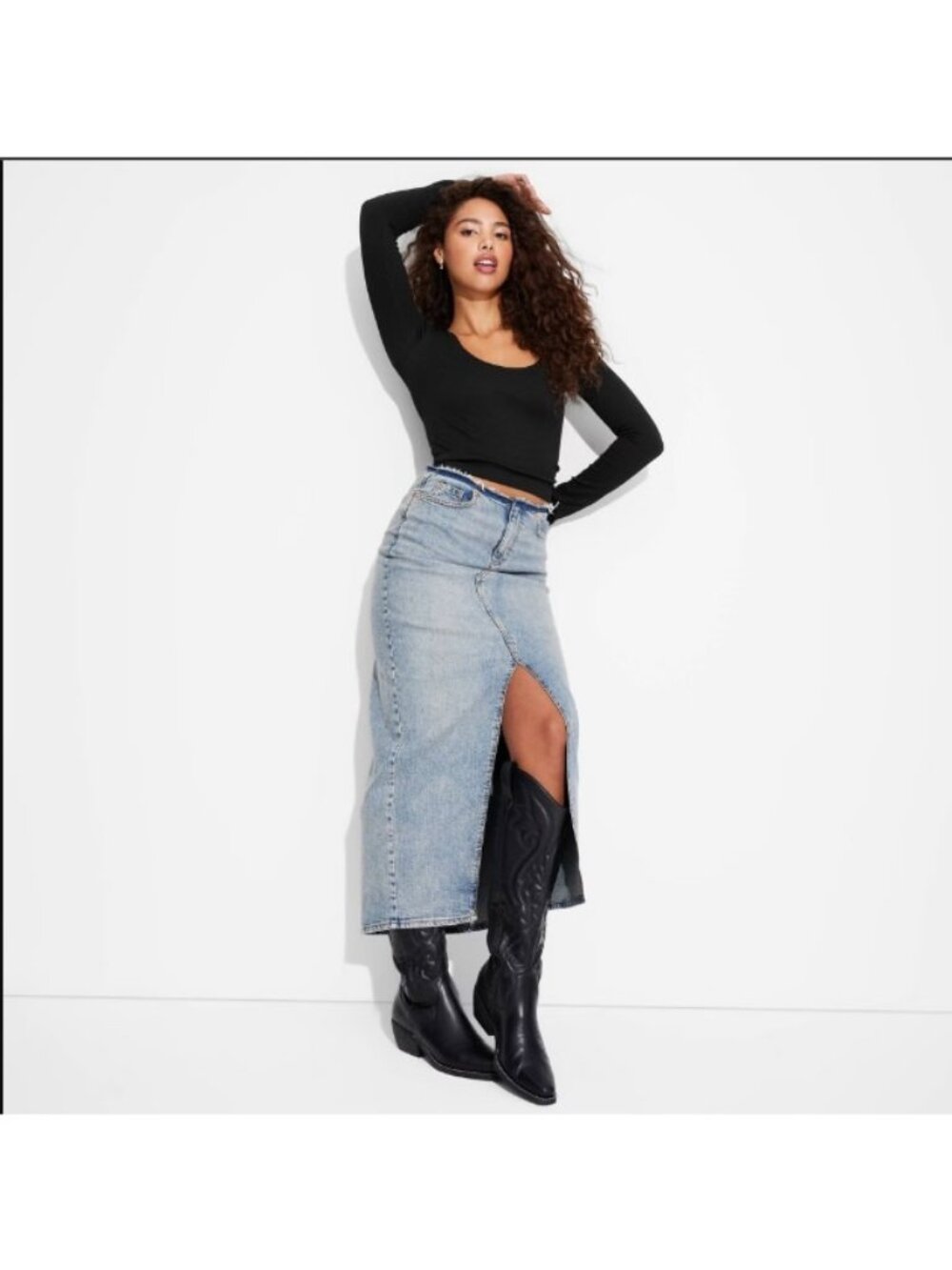 Wild Fable T Shirt Womens Small Black Long Sleeve Seamles Double Scoop Neck